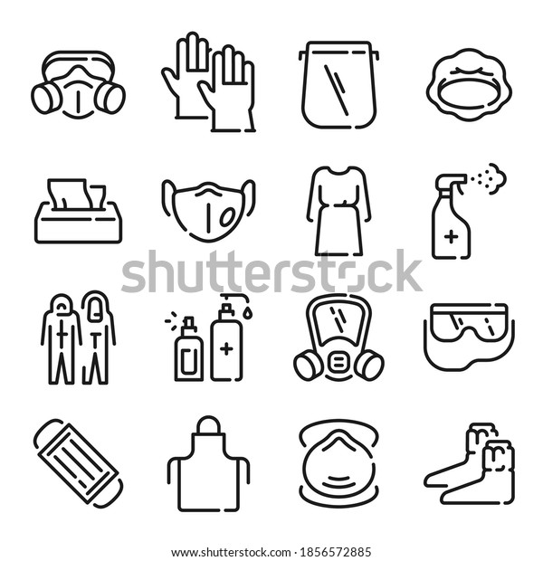 Ppe\
line icons. Medical covid-19 protection equipments. Outline doctor\
gown, face mask and shield, hair cover, apron and goggles. Vector\
set equipment to care and sanitizing\
illustration