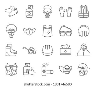 Ppe Line Icons. Protection Equipments, Medical Face Masks And Goggles, Doctor Gown, Gloves And Shield, Sanitizer Gel And Spray, Hair Cover, Respirator Personal Hygiene Protective Equipment Vector Set