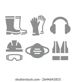 Ppe or personal protective equipment icon set. Workwear or gear, vest, mask and work hardhat with glasses and earmuffs icons.