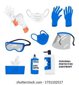 PPE - Personal Protective Equipment. Products And Supplies Used To Protect Safety And Health Of Medical Staff In Conditions Of Coronavirus Pandemic. Flat Style Vector Illustration On White Background