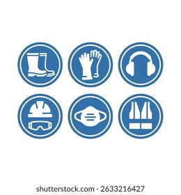 Ppe or personal protective equipment signs. Wear protective shoes, protective vest and earmuffs vector icon set. 