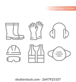 Ppe or personal protective equipment with vest and gloves line icons. Hardhat or helmet, earmuffs, respirator and protection vest workwear icon vector set.