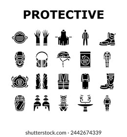ppe protective safety kit icons set vector. construction protect, doctor mask manufacture, builder safety, glove, disinfect ppe protective safety kit glyph pictogram Illustrations