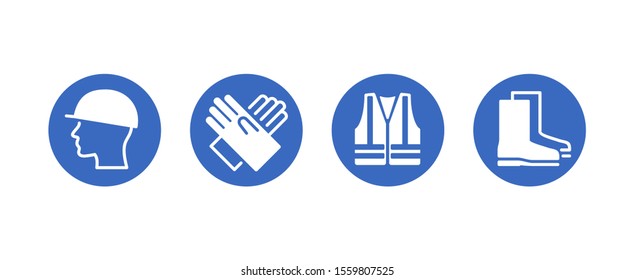 PPE Required Caution Sign - Personal Protective Equipment Icons Set For Industry And Working Areas Under Construction - Isolated Vector Collection