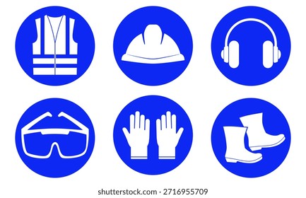 El EPP requiere una señal de precaución, un conjunto de iconos de equipos de protección personal, una señal de seguridad en el trabajo, para la industria y el área de trabajo. Ilustración vectorial plana aislada sobre fondo blanco