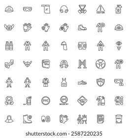 PPE required line icons set. linear style symbols collection, outline signs pack. Mandatory safety signs vector graphics. Set includes icons as Safety Helmet, Protective gloves, Face mask, Hardhat