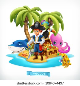 Ppirate. Little boy and funny animals. Tropical island and treasure chest, 3d vector icon