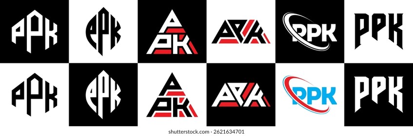 Diseño del logotipo de la letra de PPK en seis estilos. PPK polígono, círculo, triángulo, hexágono, estilo plano y simple con logo de letra de variación de color blanco y negro en una mesa de trabajo. Logotipo minimalista y clásico de PPK