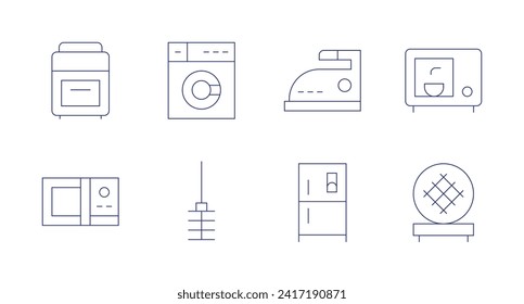 ppliances icons. Editable stroke. Containing oven, microwave, iron, washingmachine, toiletbrush, fridge, wafflemaker.