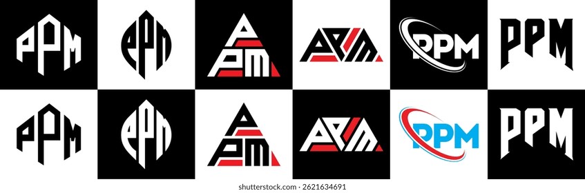 PPM letter logo design in six style. PPM polygon, circle, triangle, hexagon, flat and simple style with black and white color variation letter logo set in one artboard. PPM minimalist and classic logo