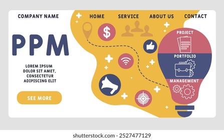 PPM - Project Portfolio Management acrônimo. plano de fundo do conceito de negócios. conceito de ilustração vetorial com palavras-chave e ícones. ilustração de letras com ícones para banner da Web, folheto, página inicial