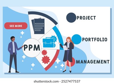 PPM - Project Portfolio Management Akronym. Hintergrund des Geschäftskonzepts Vektorgrafik mit Schlagwörtern und Symbolen. Beschriftungsgrafik mit Symbolen für Webbanner, Flyer, Landing Page