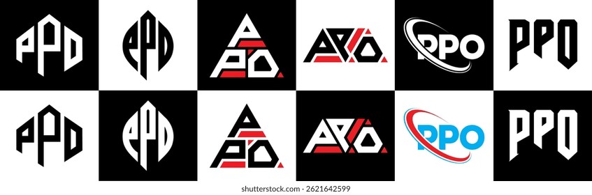 Diseño del logotipo de la letra de PPO en seis estilos. Polígono de PPO, círculo, triángulo, hexágono, estilo plano y simple con logo de letra de variación de color blanco y negro en una mesa de trabajo. Logotipo PPO minimalista y clásico