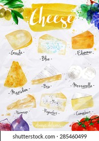 PPoster cheese watercolor lettering gouda, blue, edammer, maasdam, brie, mozzarella, parmesan, roquefort, camembert, always delicious drawing in vintage style on white background.