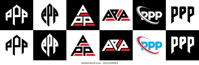PPP letter logo design in six style. PPP polygon, circle, triangle, hexagon, flat and simple style with black and white color variation letter logo set in one artboard. PPP minimalist and classic logo