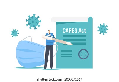 PPP, Paycheck Protection Program. Tiny Business Character with Huge Quill Pen Signing Cares Act for Loan Forgiveness. Government Support, Compensation during Coronavirus. Cartoon Vector Illustration