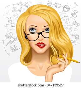 Ppretty Blonde Business Woman In Glasses Looking Up And Biting Her Lips Isolated On White Background With Hand Drawn Icons. Blonde Girl With Dreamy Eyes And Hand With A Pencil. Vector Illustration