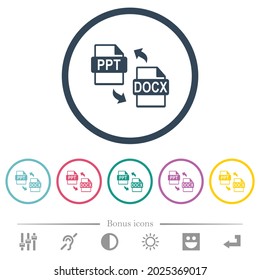 PPT DOCX file conversion flat color icons in round outlines. 6 bonus icons included.