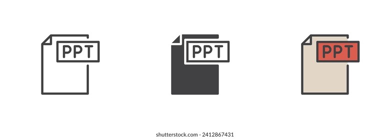 PPT file different style icon set. Line, glyph and filled outline colorful version, outline and filled vector sign. Symbol, logo illustration. Vector graphics
