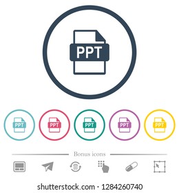 PPT file format flat color icons in round outlines. 6 bonus icons included.