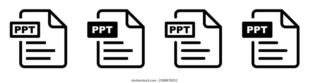 PPT file format icons set.PPT file download symbols.File format for texts, images, vector images, videos, interactive forms.
