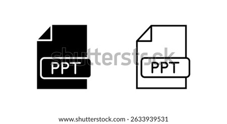 PPT File Icon Collection, a paper with a "PPT" label in outline and glyph styles. Represents presentations or documents. Perfect for office design.