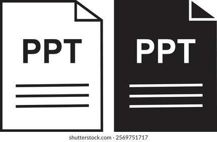 PPT file icon set. PPT file type symbol. File PPT format icon in black filled and outlined style isolated on transparent background. Ideal for technology or data related content, vector illustration.