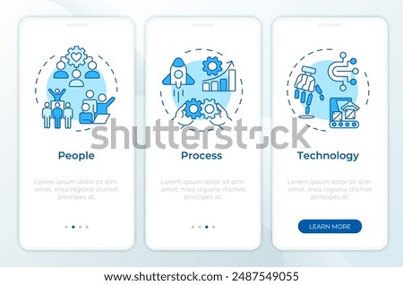 PPT framework blue onboarding mobile app screen. Assortment plan. Walkthrough 3 steps editable graphic instructions with linear concepts. UI, UX, GUI template