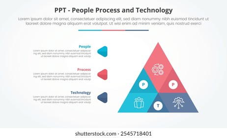 Concepto de infografía de marco PPT para presentación de diapositivas con forma de pirámide grande venn mezclado con lista de 3 puntos con Vector de estilo plano