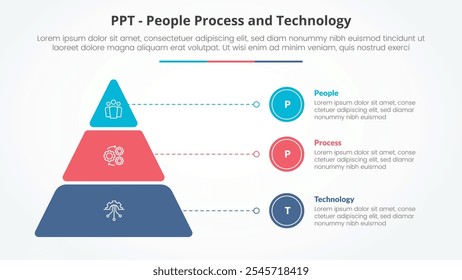 Conceito infográfico de estrutura PPT para apresentação de slides com pirâmide redonda e ponteiro de linha com lista de 3 pontos com vetor de estilo plano