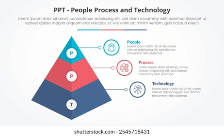 PPT Framework Infografik-Konzept für Dia-Präsentation mit 3D-Pyramide Form mit 3-Punkt-Liste mit flachen Stil Vektor