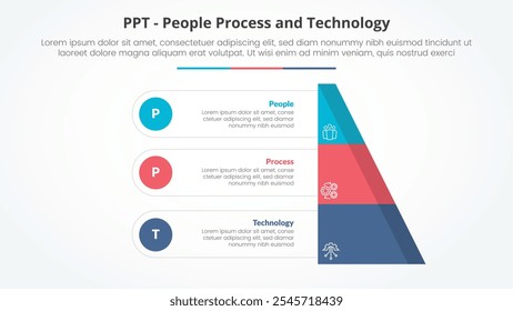 Concepto de infografía de marco PPT para presentación de diapositivas con pirámide de media rebanada con punto circular con lista de 3 puntos con Vector de estilo plano