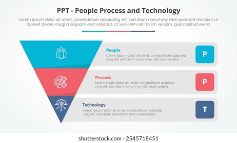 conceito infográfico de estrutura PPT para apresentação de slides com pirâmide reversa e descrição de recipiente de caixa retangular com lista de 3 pontos com vetor de estilo plano