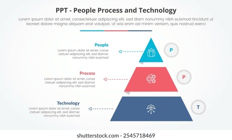 PPT framework infographic concept for slide presentation with pyramid shape slice stack and outline circle with 3 point list with flat style vector