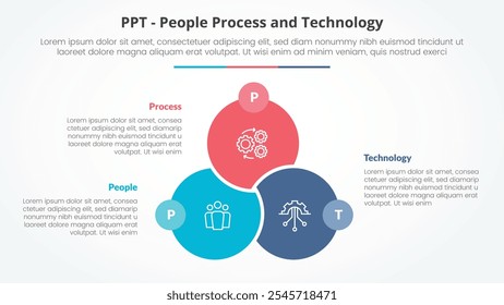 PPT framework infographic concept for slide presentation with big circle venn linked union badge opposite with 3 point list with flat style vector
