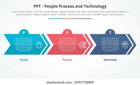 PPT Framework Infografik-Konzept für Dia-Präsentation mit kreativem Pfeil horizontale Block Form mit 3-Punkt-Liste mit flachen Stil Vektor