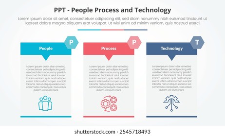 conceito infográfico de estrutura PPT para apresentação de slides com emblema de cabeçalho de seta de tabela grande com lista de 3 pontos com vetor de estilo plano