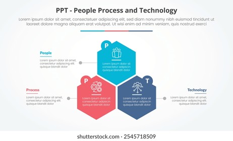 Concepto de infografía de marco PPT para presentación de diapositivas con estructura de forma hexagonal o hexagonal con lista de 3 puntos con Vector de estilo plano