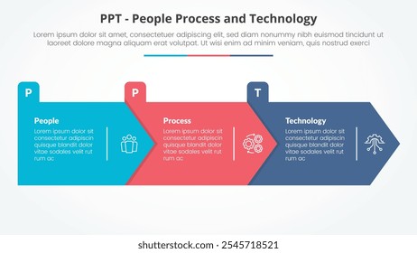 PPT Framework Infografik-Konzept für Folienpräsentation mit großem Pfeil Rechteck Form rechte Richtung mit 3-Punkt-Liste mit flachen Stil Vektor