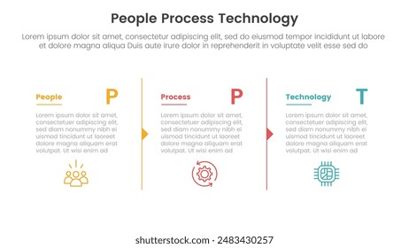Les personnes du cadre PPT traitent l'infographie technologique 3 points avec séparation des colonnes avec contour de flèche pour la présentation des diapositives  la Image vectorielle