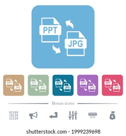 PPT JPG file conversion white flat icons on color rounded square backgrounds. 6 bonus icons included