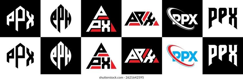 Design de logotipo de letra PPX em estilo seis. Polígono PPX, círculo, triângulo, hexágono, estilo simples e plano com logotipo de letra de variação de cor preto e branco definido em uma prancheta. PPX minimalista e logotipo clássico