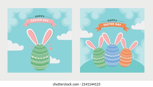 ppy Easter vector card. Square card with egg, spring flowers, bunny ears and clouds.