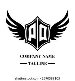 PQ bold shield logo with wings, customizable with letters A to Z. Perfect for brands seeking a powerful symbol of strength, freedom, and ambition
