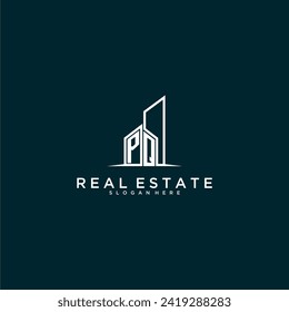 PQ inicial logotipo de monograma inmobiliario con diseño de estilo de construcción vector