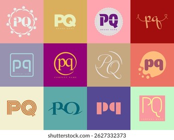 PQ logo company template. Letter p and q logotype. Set different classic serif lettering and modern bold text with design elements. Initial font typography. Collection trendy business identity.