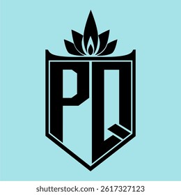 PQ Logo featuring a minimalist design with a crown-like flower symbol on top, bold black elements, and a soft blue background, perfect for branding and modern visual identity.