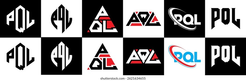 PQL letter logo design in six style. PQL polygon, circle, triangle, hexagon, flat and simple style with black and white color variation letter logo set in one artboard. PQL minimalist and classic logo
