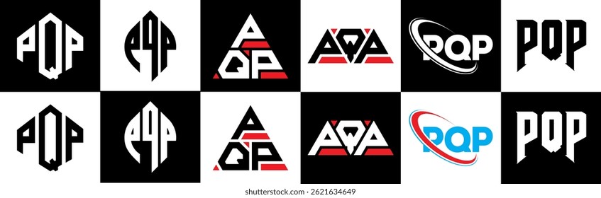 PQP letter logo design in six style. PQP polygon, circle, triangle, hexagon, flat and simple style with black and white color variation letter logo set in one artboard. PQP minimalist and classic logo