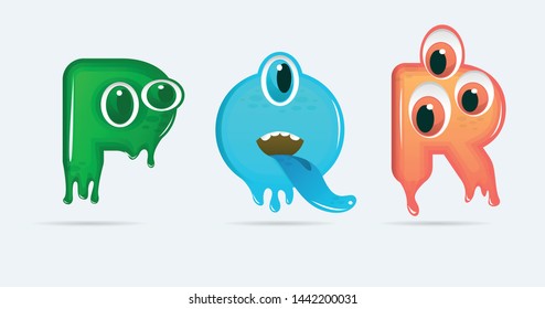 PQR funny monster cartoon letters. Vector illustration. Monsters background